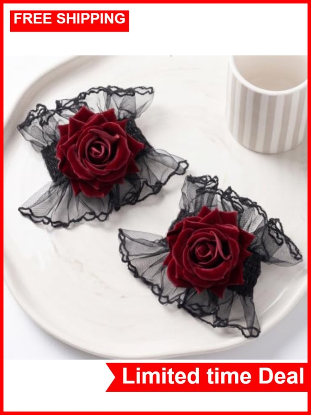 Black Lace Gloves with Red Roses Gothic Wrist Cuff Halloween Accessory - Picture 6 of 6